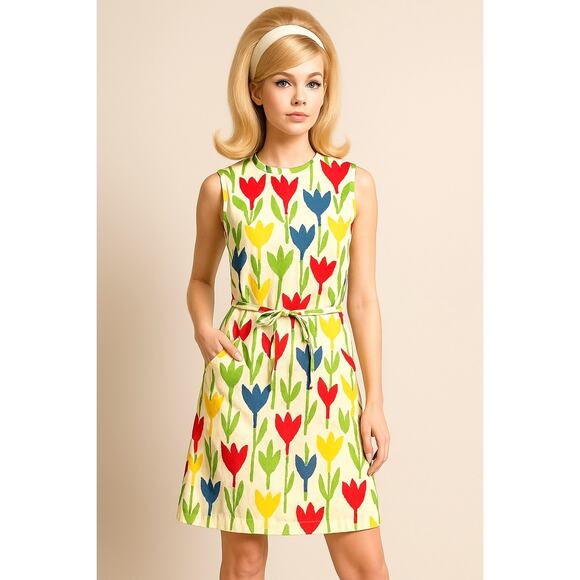 Vintage 60s Tanner of North Carolina Tulip Print Mini Shift Dress Sleeveless 8 - Picture 1 of 10